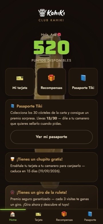 Pantalla de inicio de la app Club Kahiki mostrando los puntos disponibles y los avisos activos