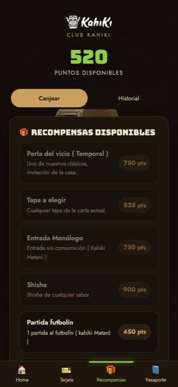 Catálogo de recompensas disponibles en la app de Club Kahiki