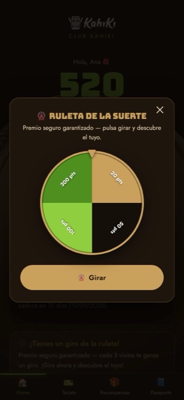 Ruleta de premios de Club Kahiki lista para girar
