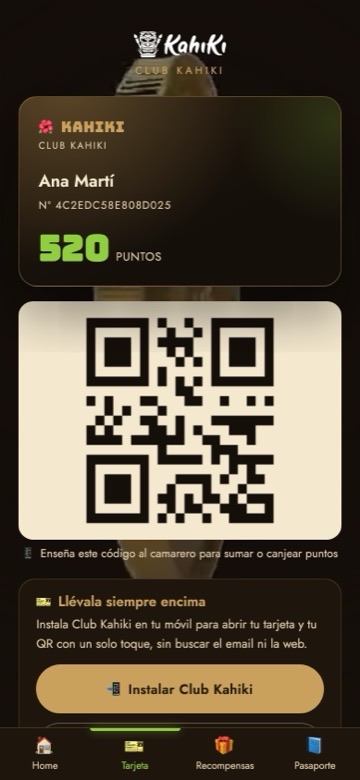 Pantalla de la tarjeta digital con código QR de Club Kahiki